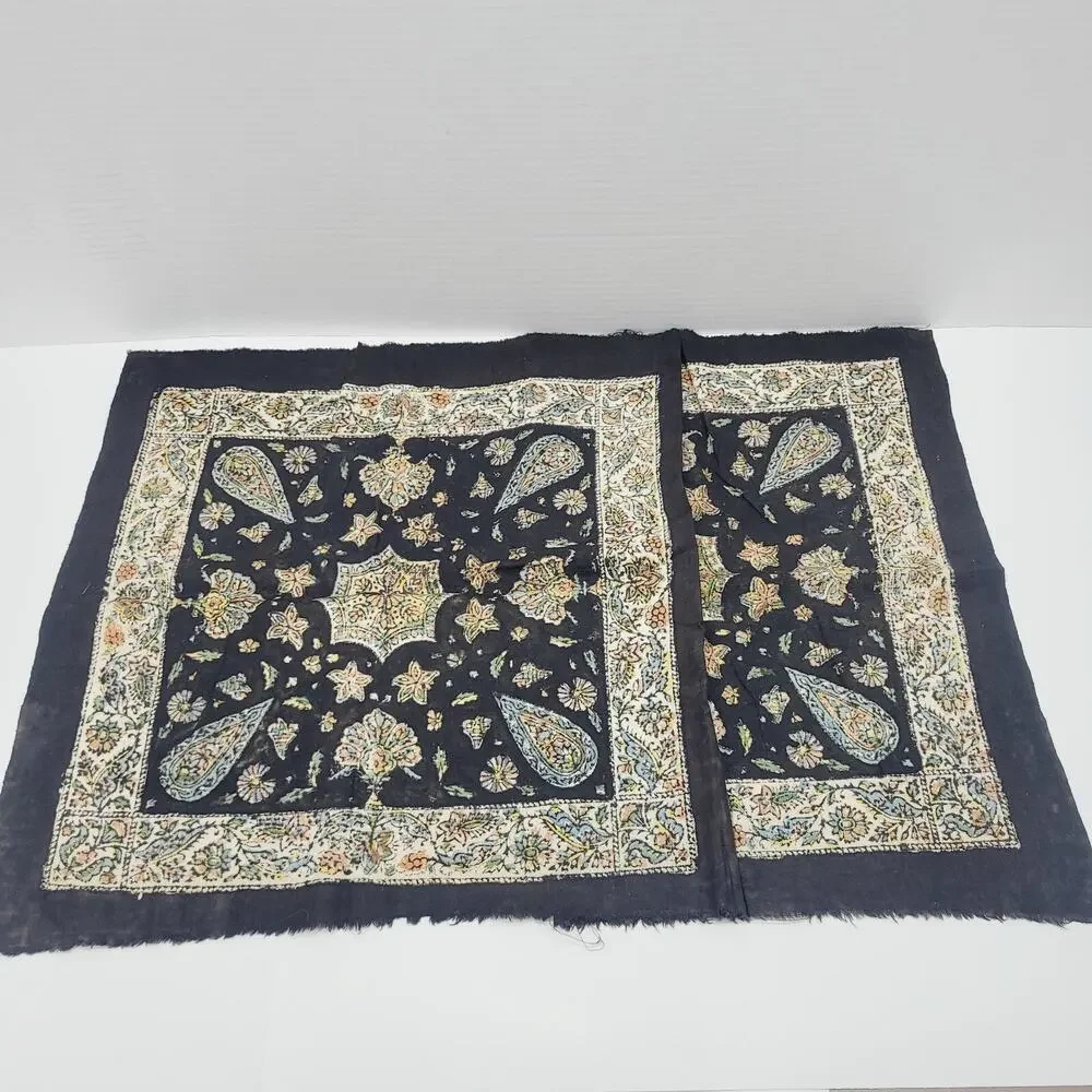 Vintage Turkish Black Mandala Floral Paisley Fabric Panels Turkey Made 2 Piece